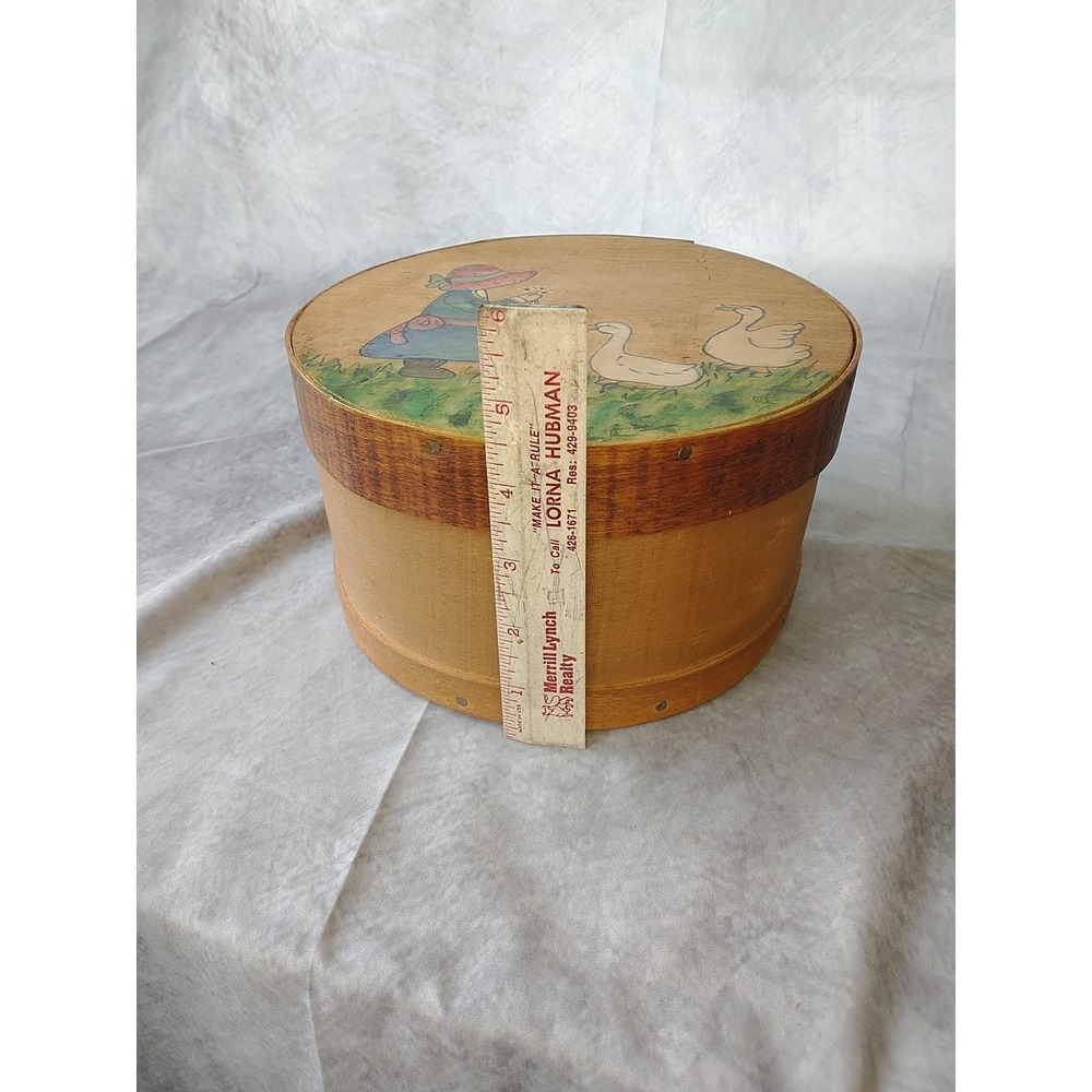 Vintage Hand Painted Wooden Cheese Box Geese Farmhouse bonnet Country - Picture 14 of 16